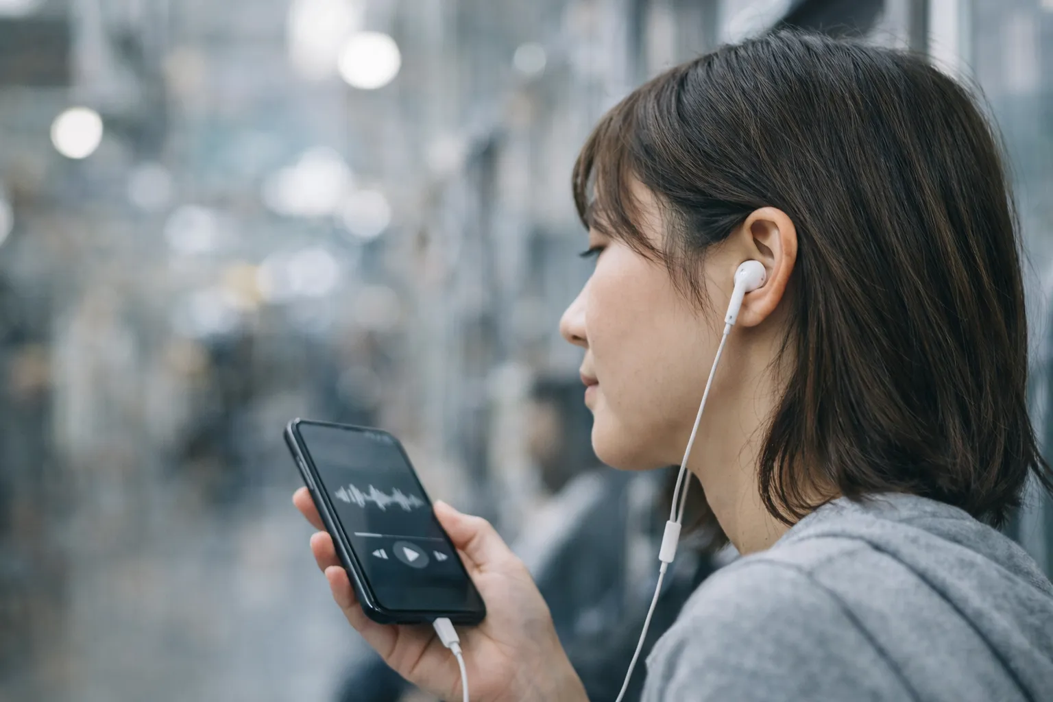 英語音声が聞き取りにくい場面を想起できるイヤホン学習のイメージ