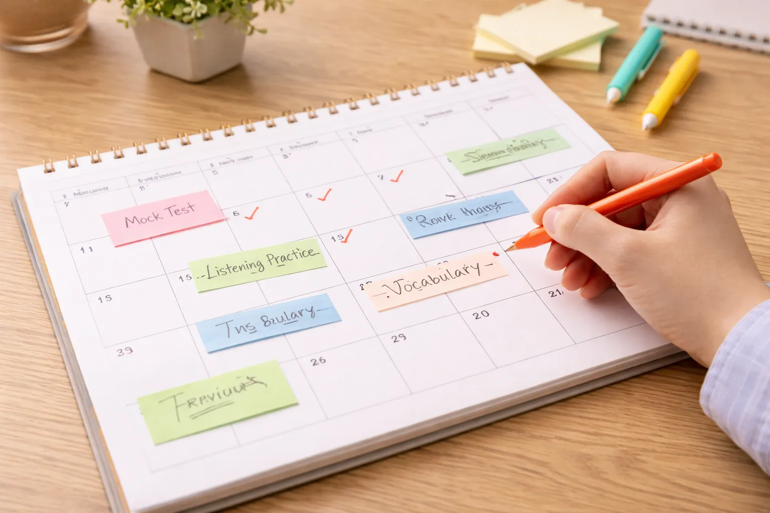 英検2級リスニング直前1か月の学習計画を立てているイメージ