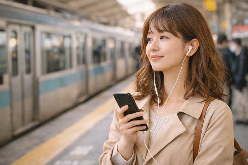 スキマ時間にイヤホンで英語音声を聞くイメージ